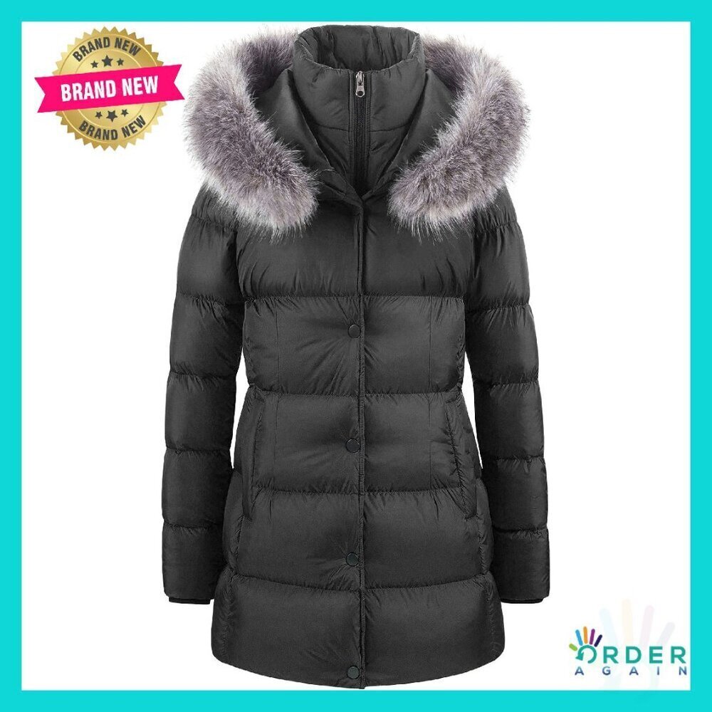 Winter Snow Puffer Coat Long Faux Fur Trim Removable Hood Chic Elegant